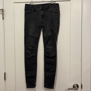 True Religion Moto Super Skinny Jeans Black Faded Denim Ribbed Panel Size 27